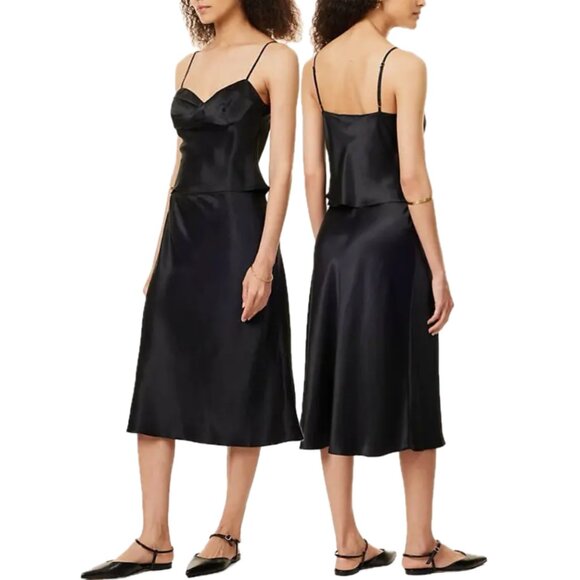 REFORMATION Sia Silk Two-Piece Sleeveless Top and Midi Skirt Set (Black) - Picture 8 of 16